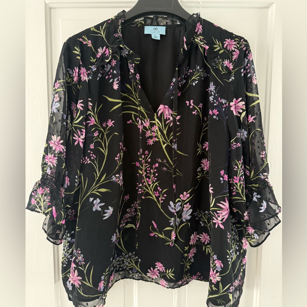 Cece Clip Dot Blouse with Pink and Purple Floral Design